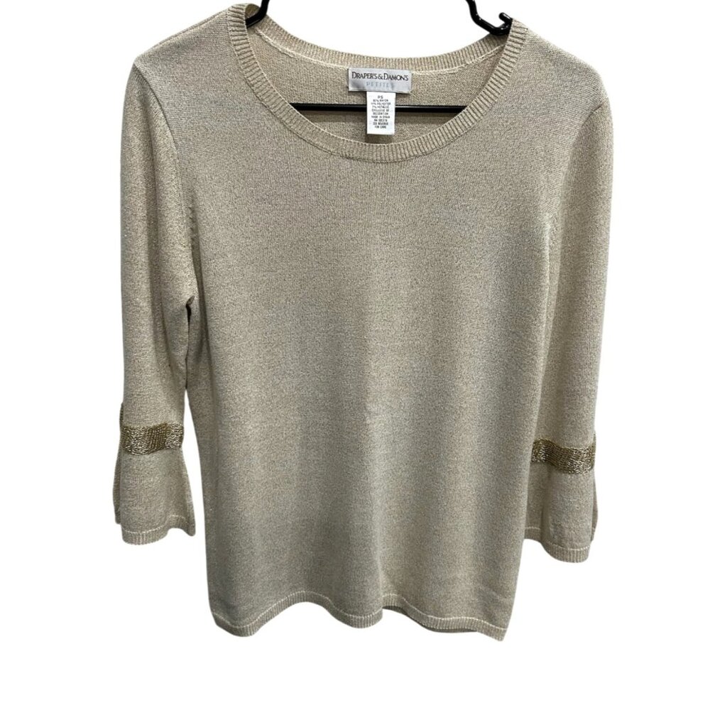 Drapers & Damons Petite Beige Metallic Trim Bell Sleeve Sweater Top Sz SP